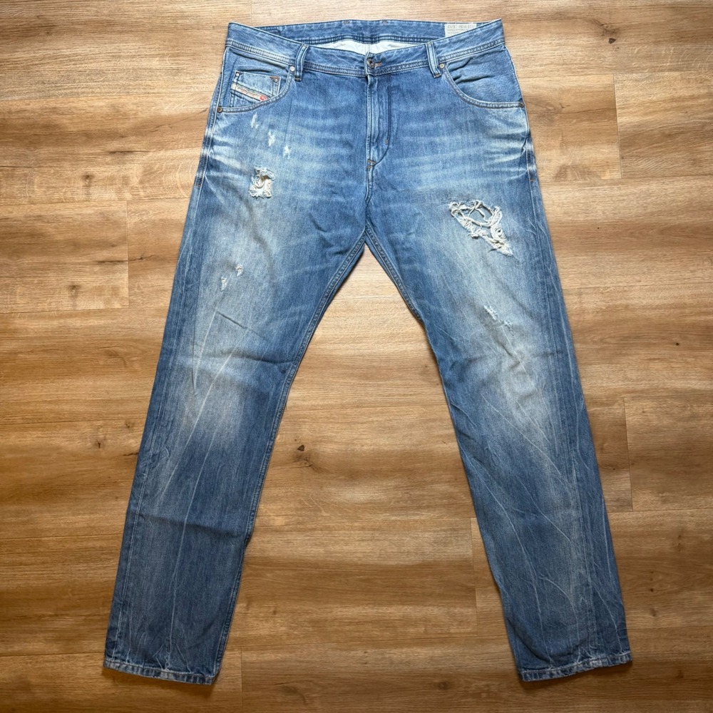 Diesel Krayver Jeans Mens 34x32 Blue Distressed Regular Slim Carrot Fit R831I